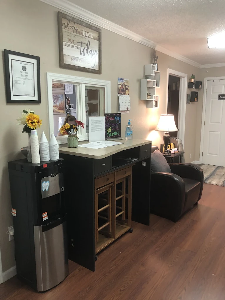 Reception desk with water station and service window
