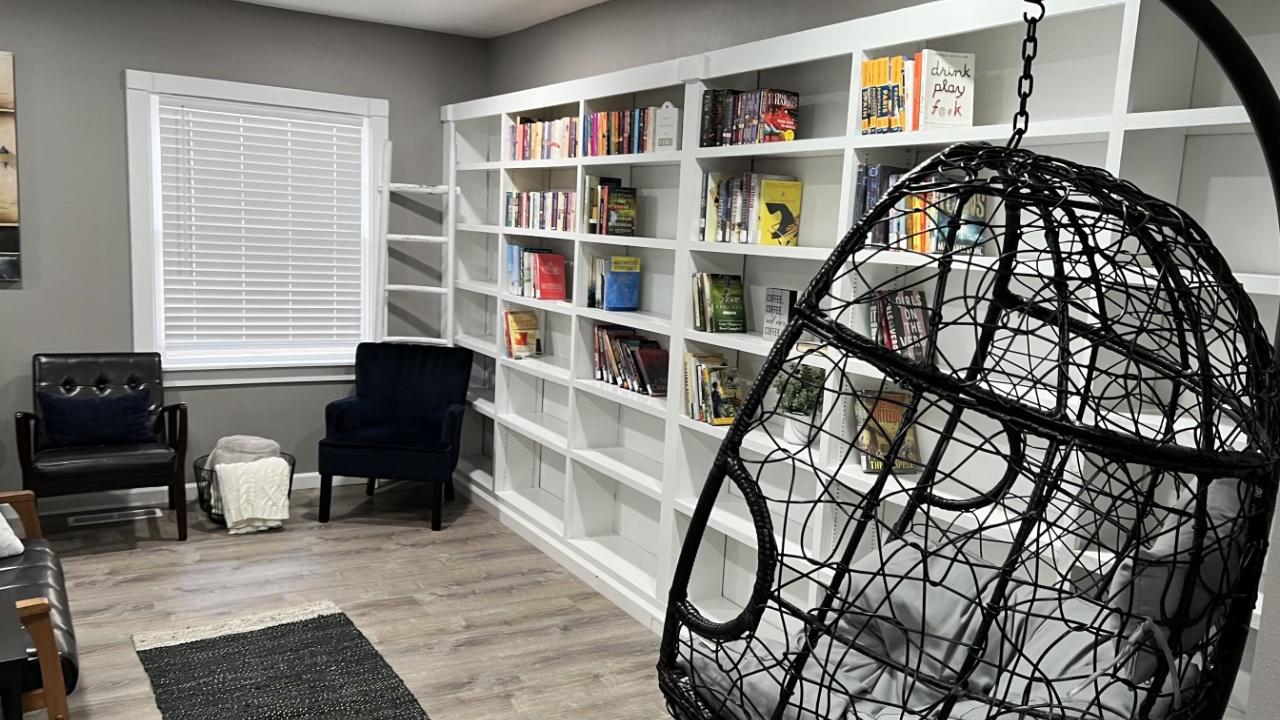 Book-filled shelves with chairs and a hanging seat