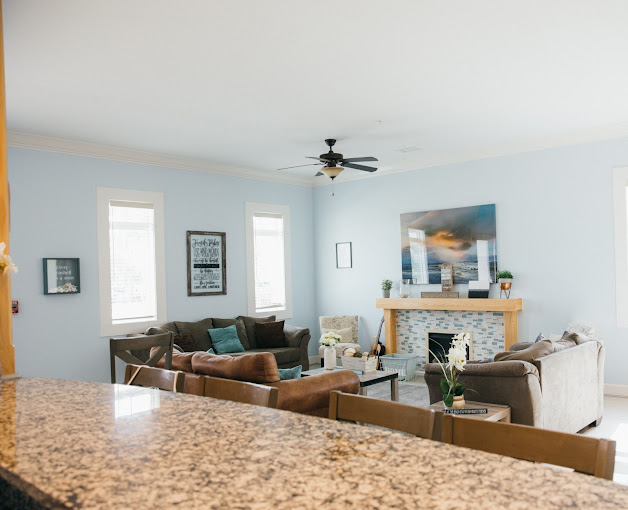 Cozy living room with fireplace and sofas
