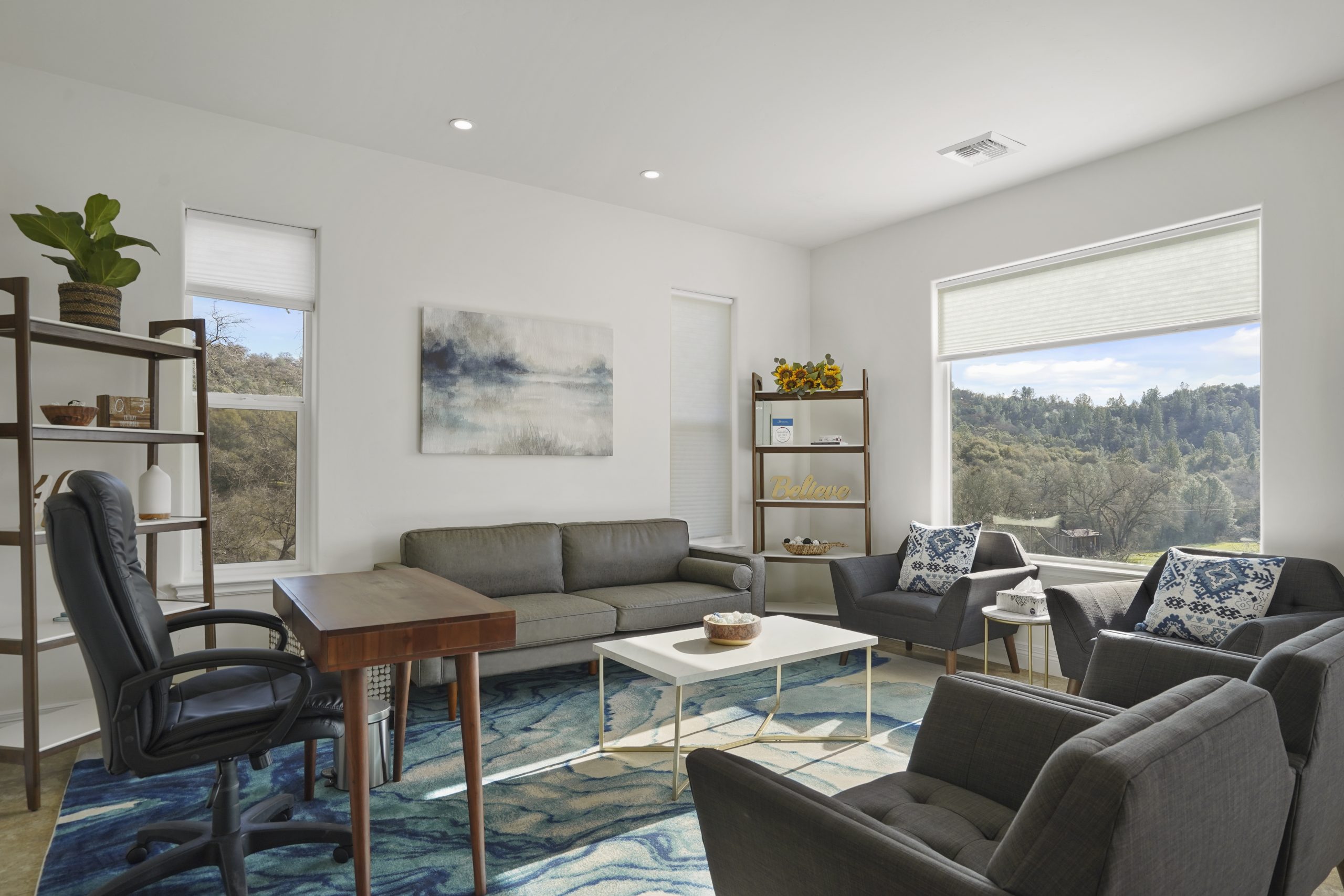 Counseling room with sofas, chairs, and large scenic window.