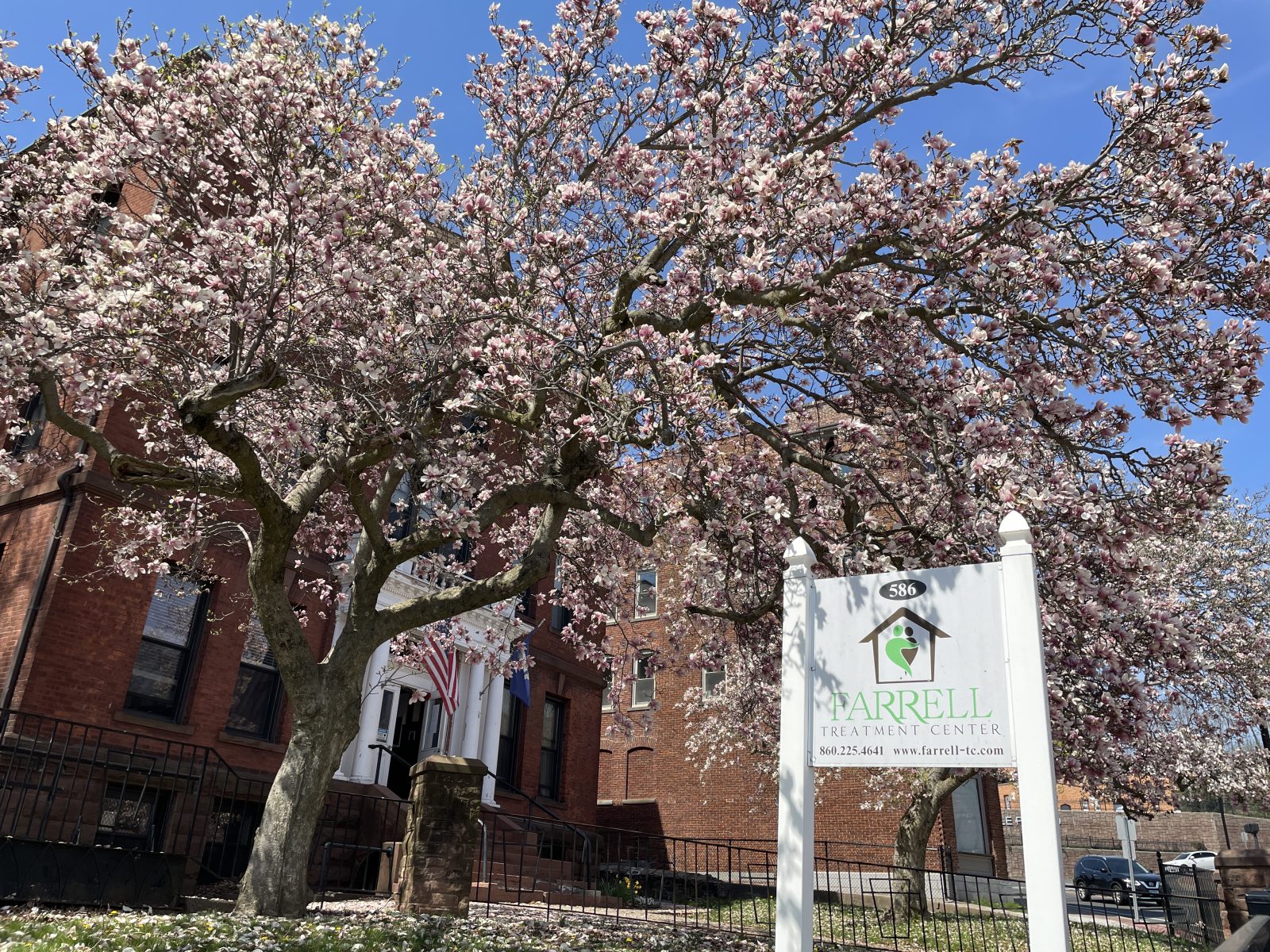 Brick rehab center with blooming trees and facility sign
