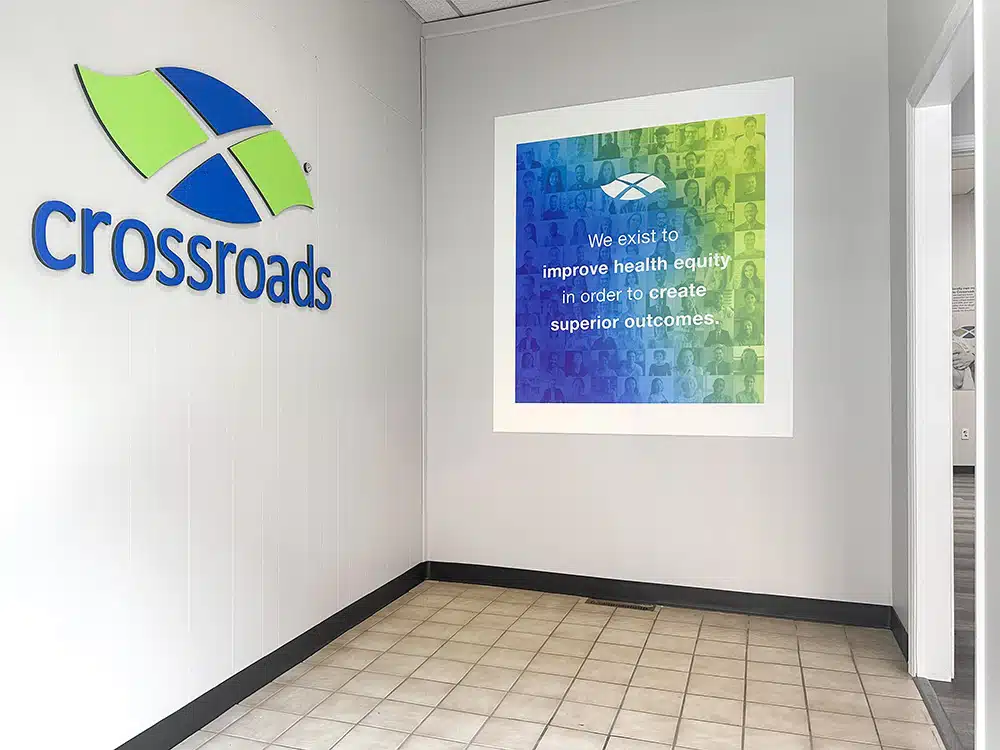 Crossroads logo and mission statement inside facility lobby