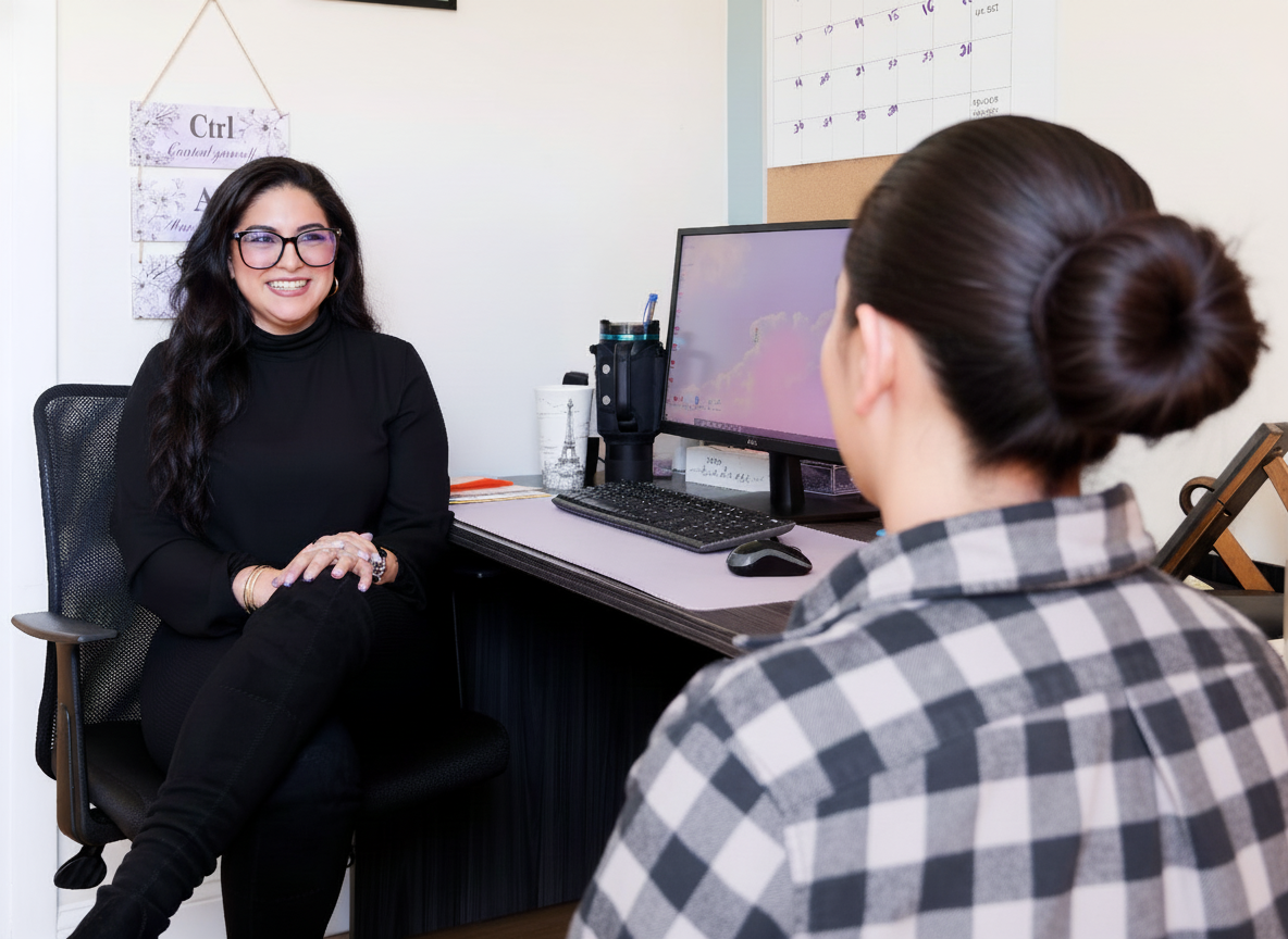 Counselor meeting with a client in a private office.