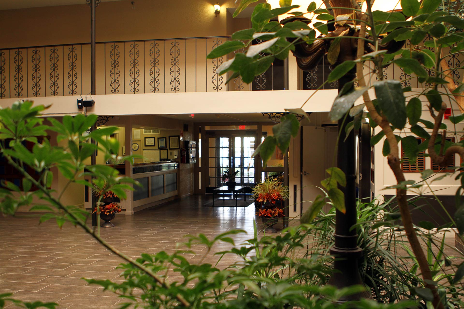 View of reception desk through atrium garden
