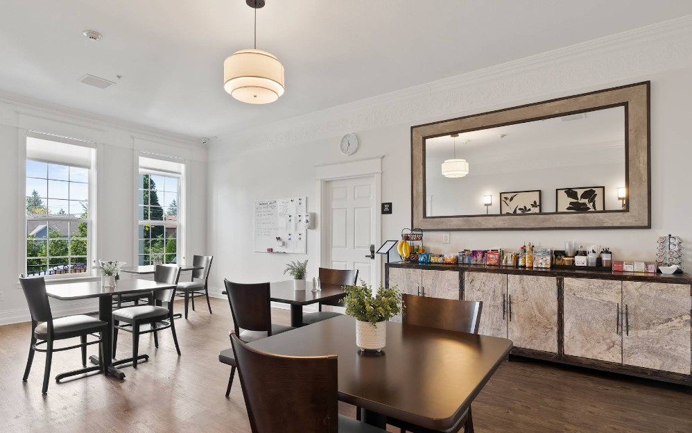 Dining room with tables and snack station