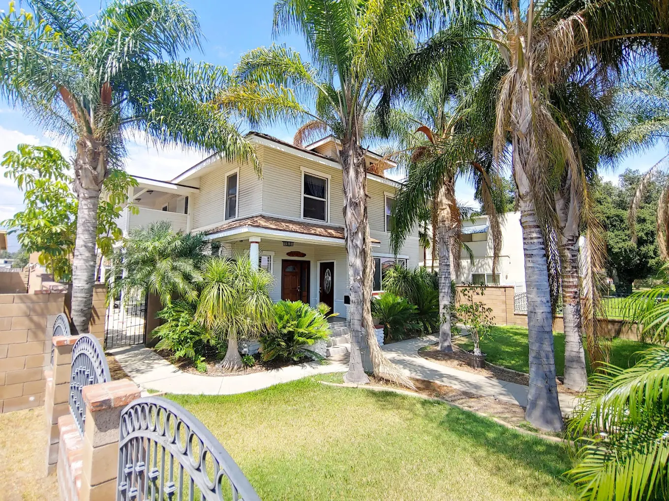 Rehab facility front steps surrounded by palm trees and greenery