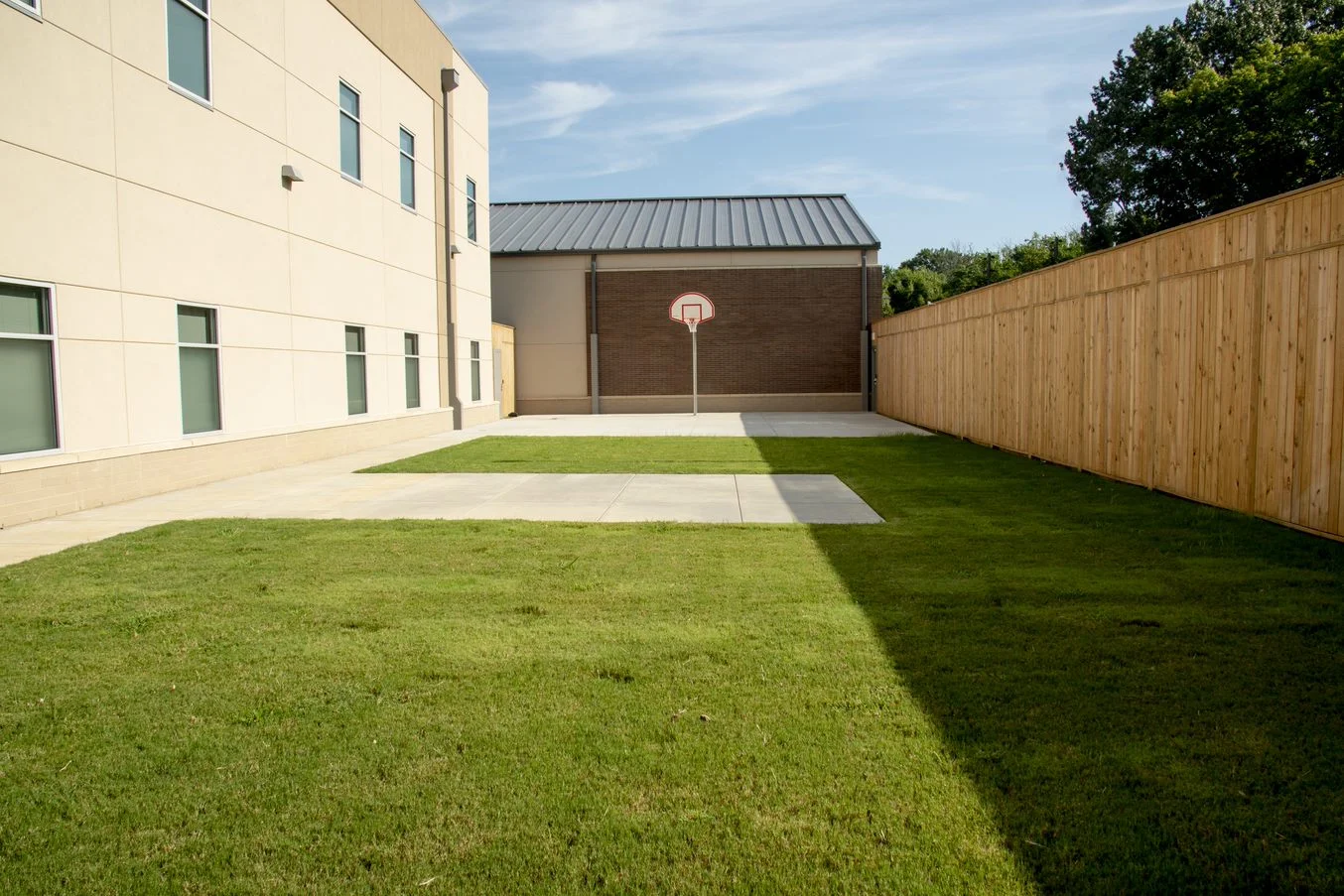 Fenced outdoor recreation yard with lawn