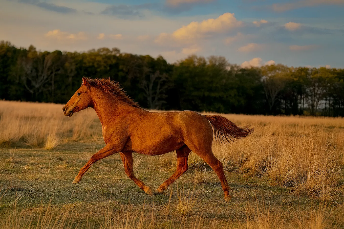 Brown horse running through an open grassy field at sunset