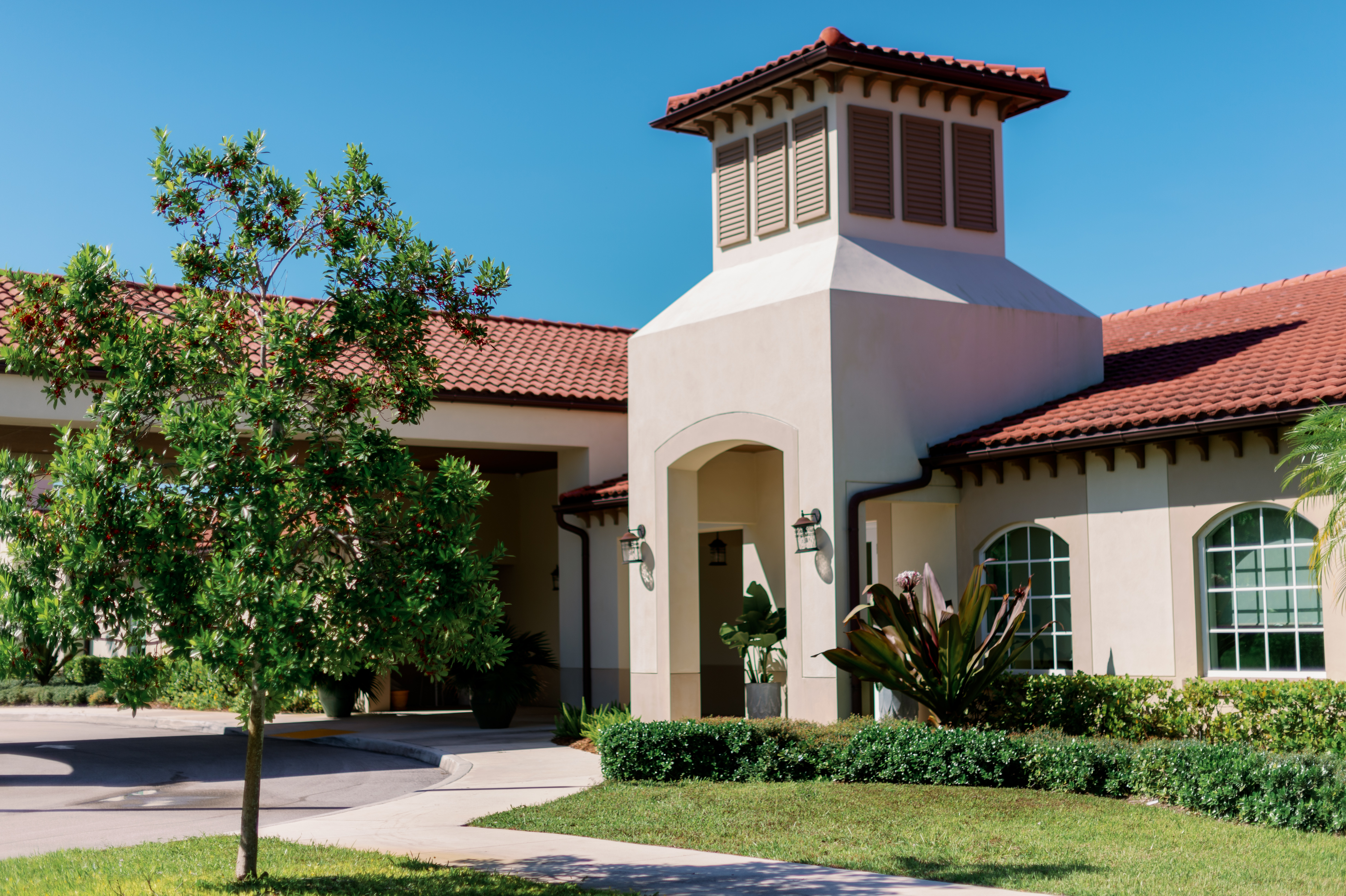 Front entrance of rehab center with landscaped grounds