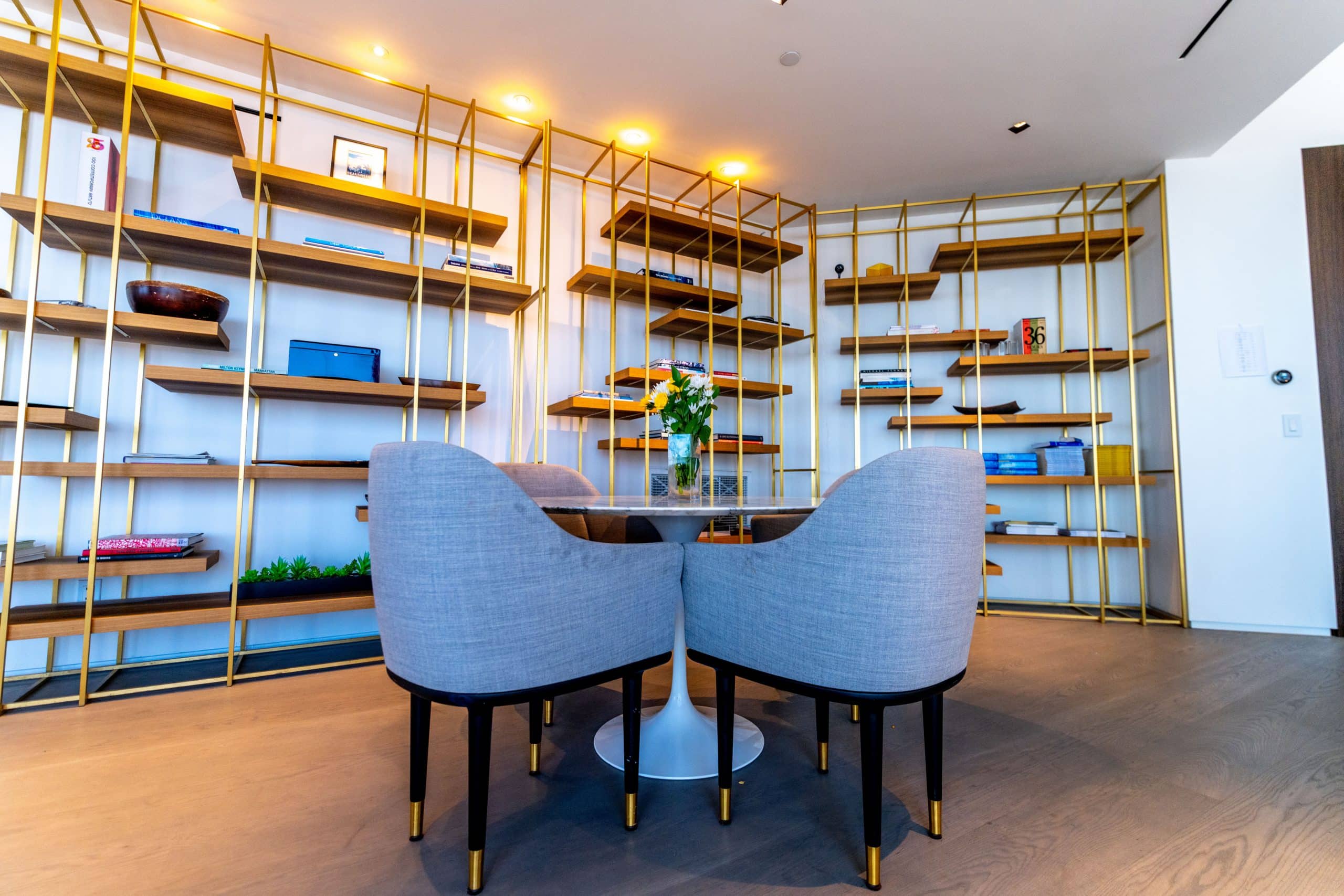 Reading room with bookshelves and seating for quiet activities