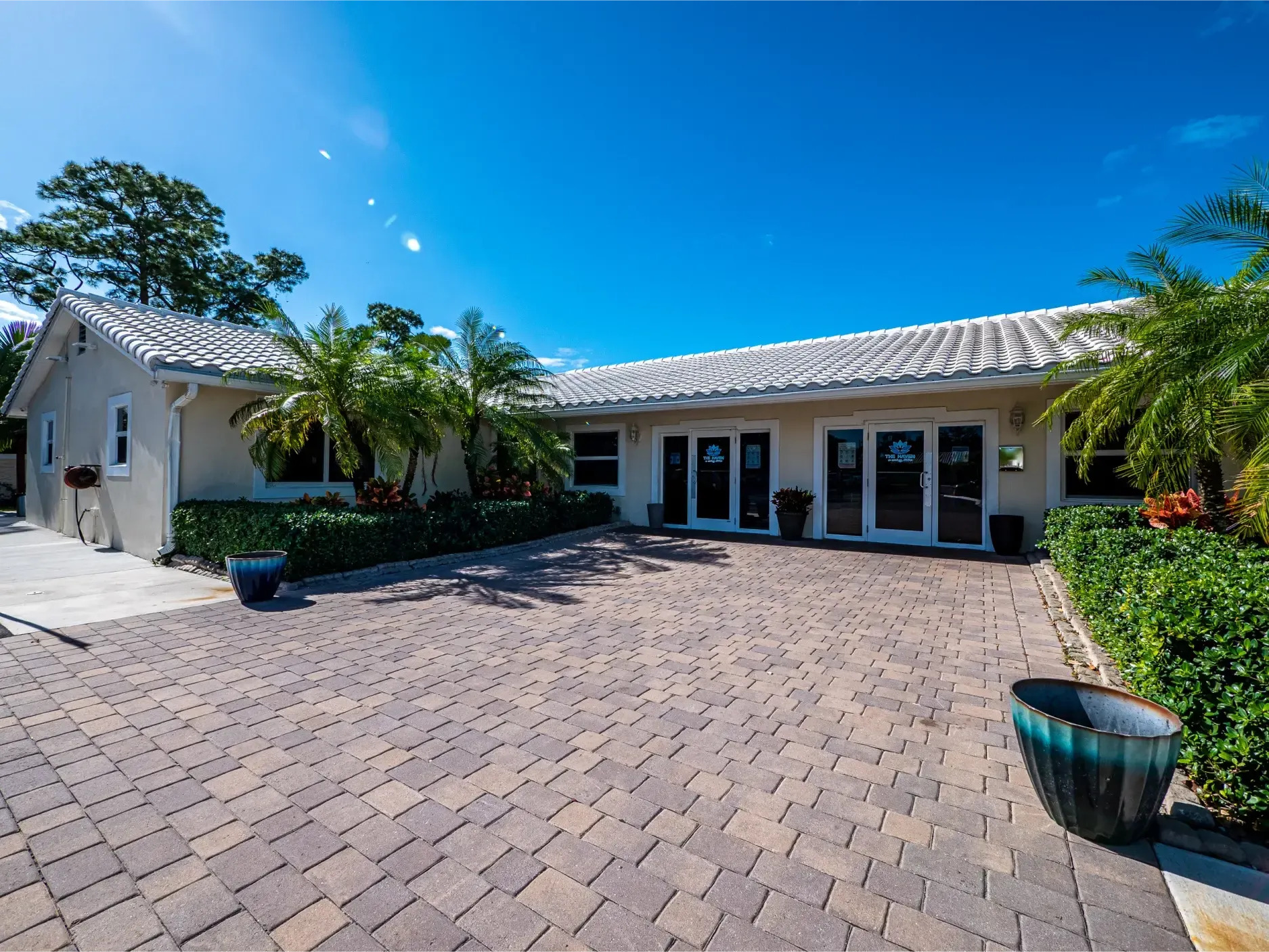 Main entrance of detox facility with palm trees and paved walkway.
