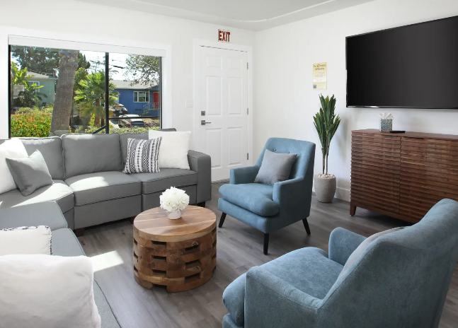 Bright living area with gray sectional sofa, blue armchairs, round wood coffee table, and wall-mounted TV
