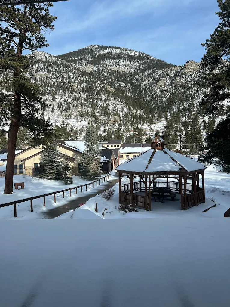 Snow-covered courtyard and gazebo at Harmony Foundation
