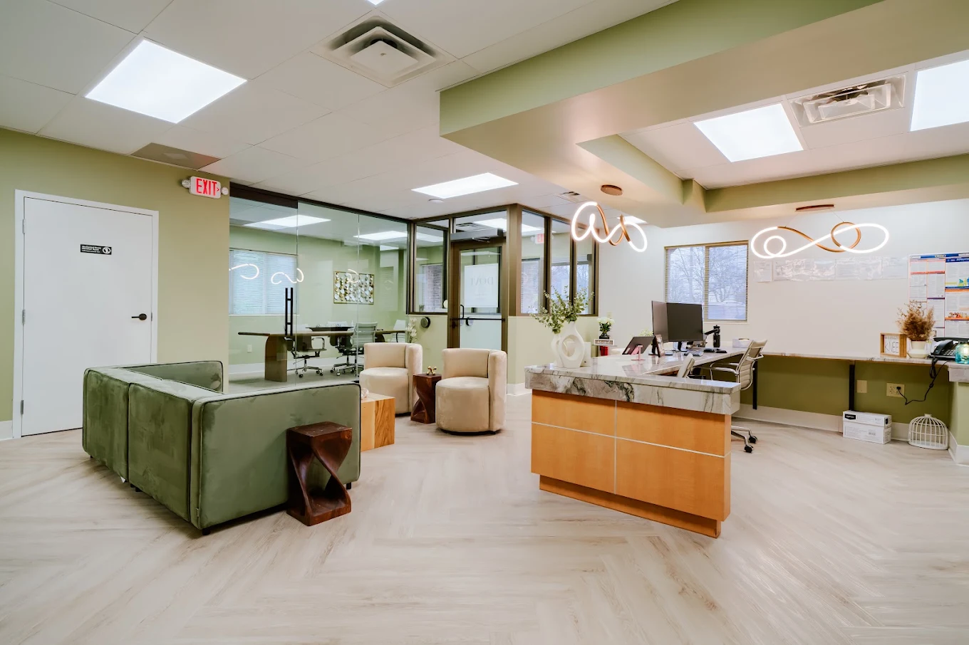 Bright lobby with comfortable seating and reception desk