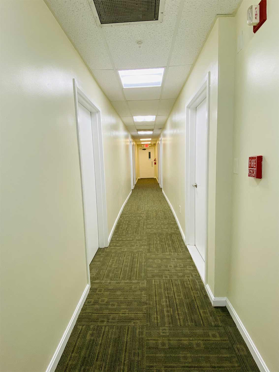 Long hallway with carpet and white doors