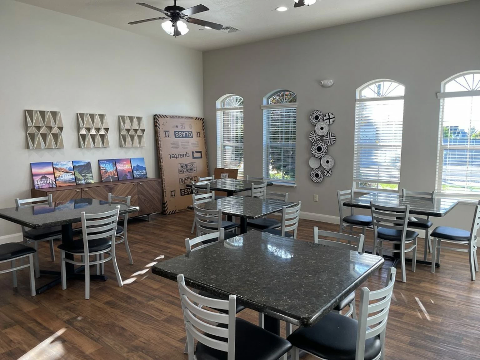 Dining room with tables for shared meals and activities