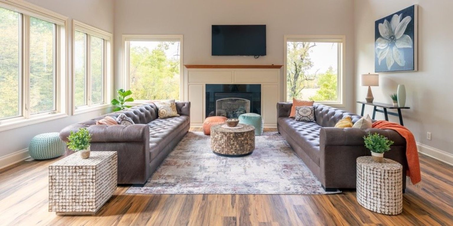 Living room with sofas and fireplace