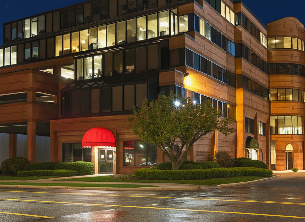 Brick office building with lit windows and red awning at night.