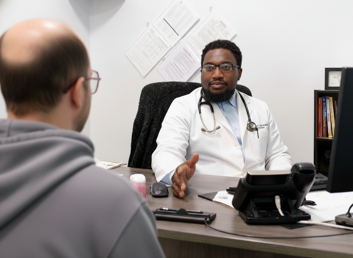 Doctor speaking with a patient during a medical consultation.