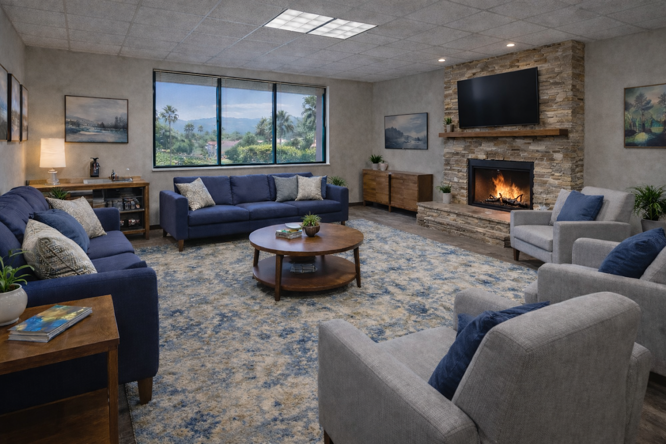 Comfortable client lounge with fireplace and TV