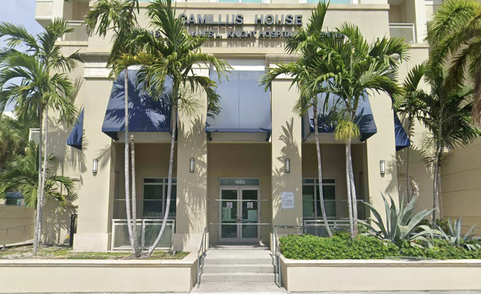 Camillus House entrance surrounded by palm trees
