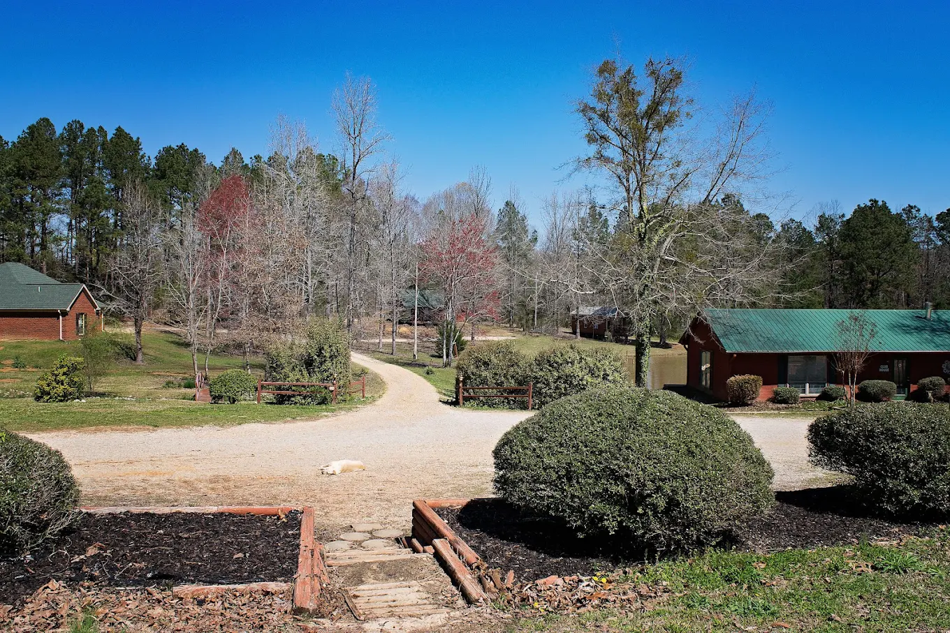Wooded campus with brick buildings and walking paths
