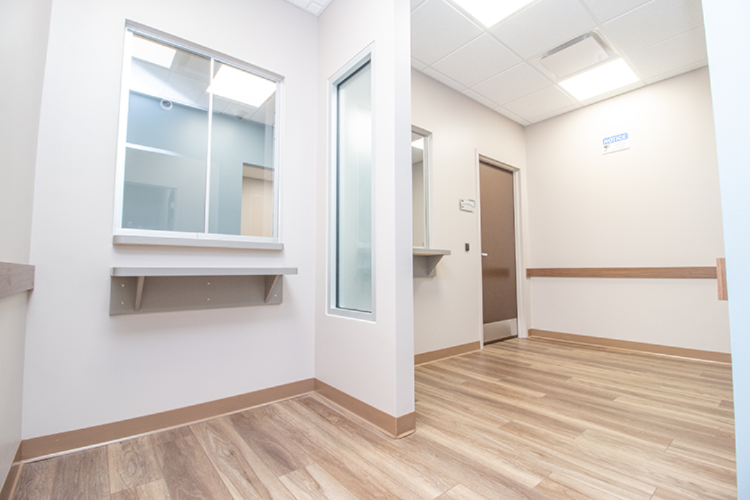 Dispensary area with service windows and counters