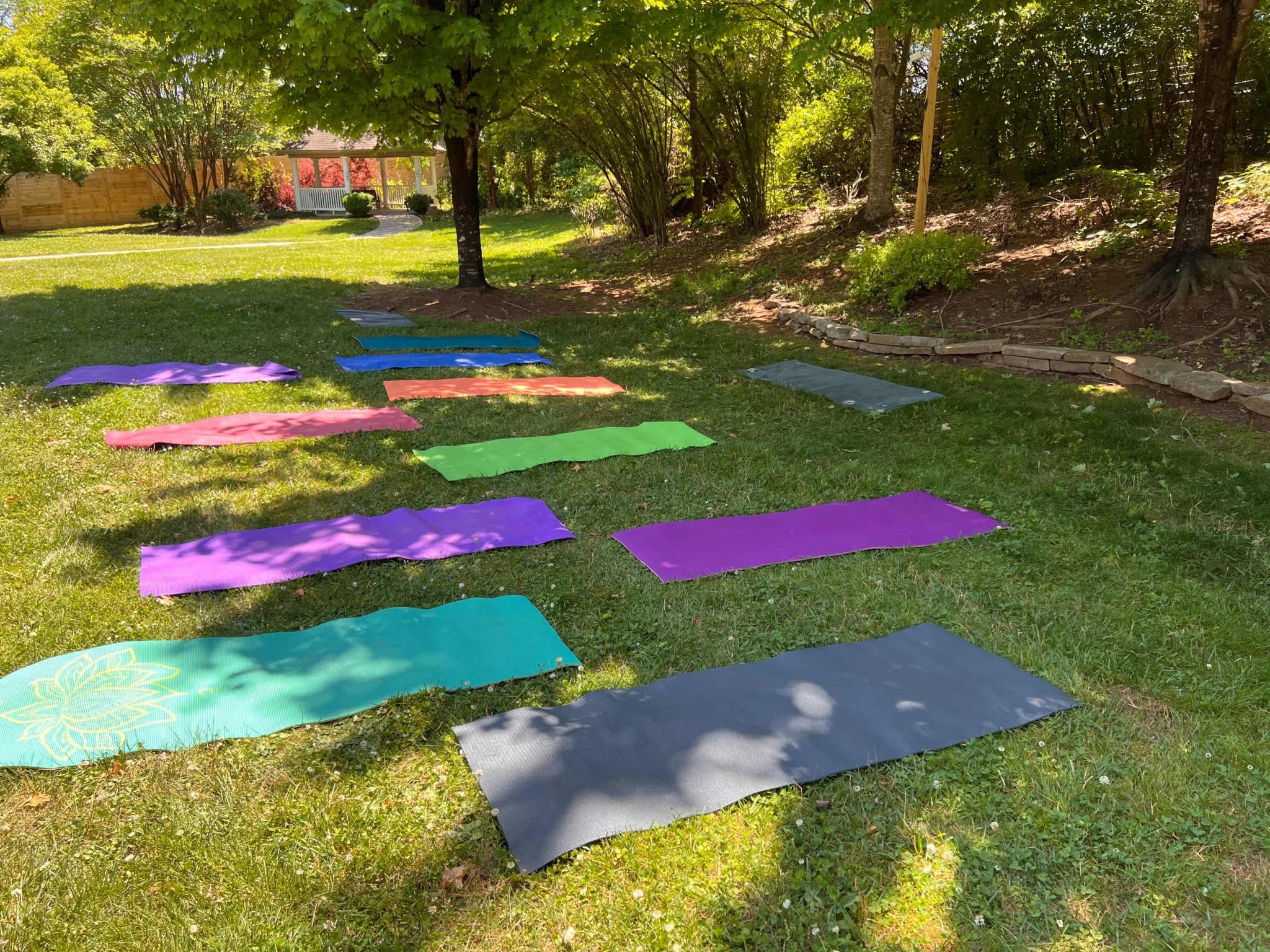 Colorful yoga mats arranged on grassy outdoor space