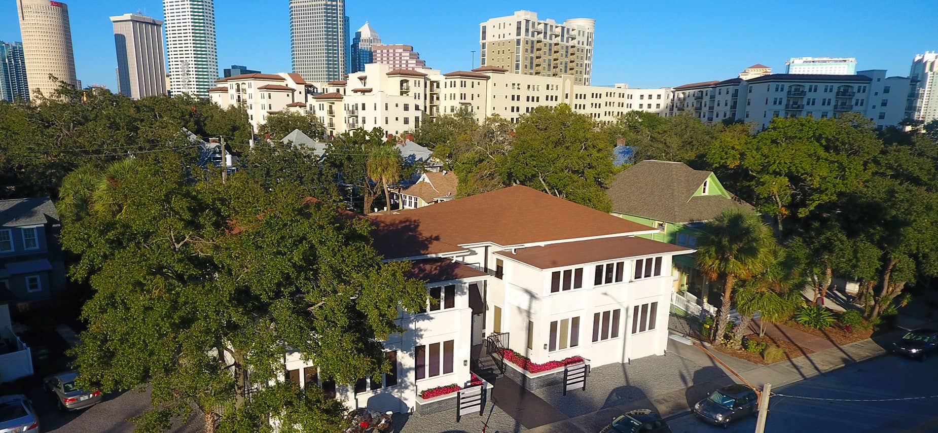 Overhead view of rehab center in Tampa cityscape