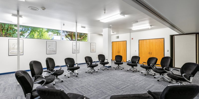  A bright and open group therapy room with comfortable, modern chairs arranged in a circle. Large windows provide natural light and a serene view.