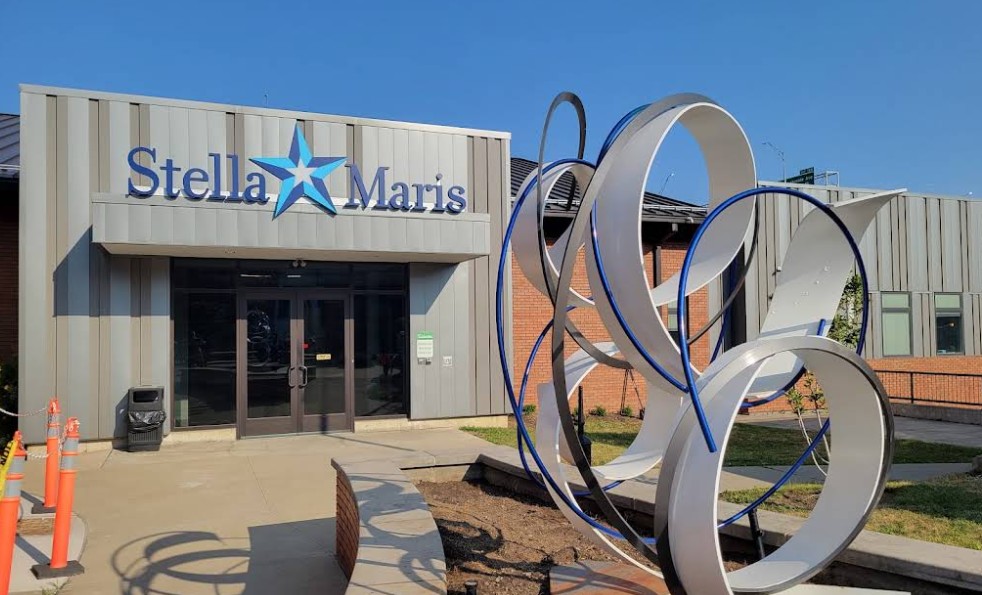 Stella Maris entrance with outdoor sculpture