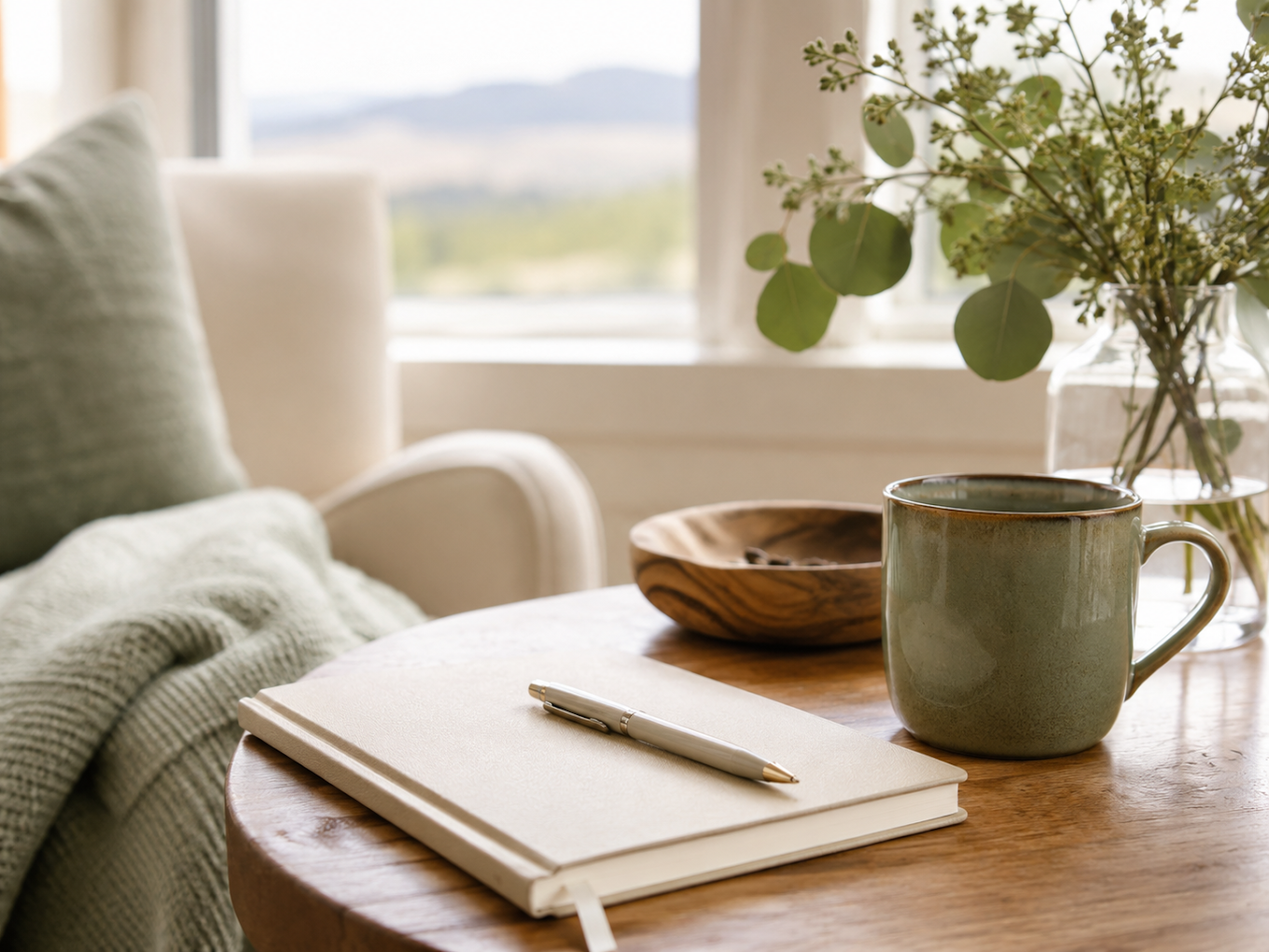 Journal and warm drink in a peaceful reflection space at Empower Wellness Institute in Henderson, Nevada