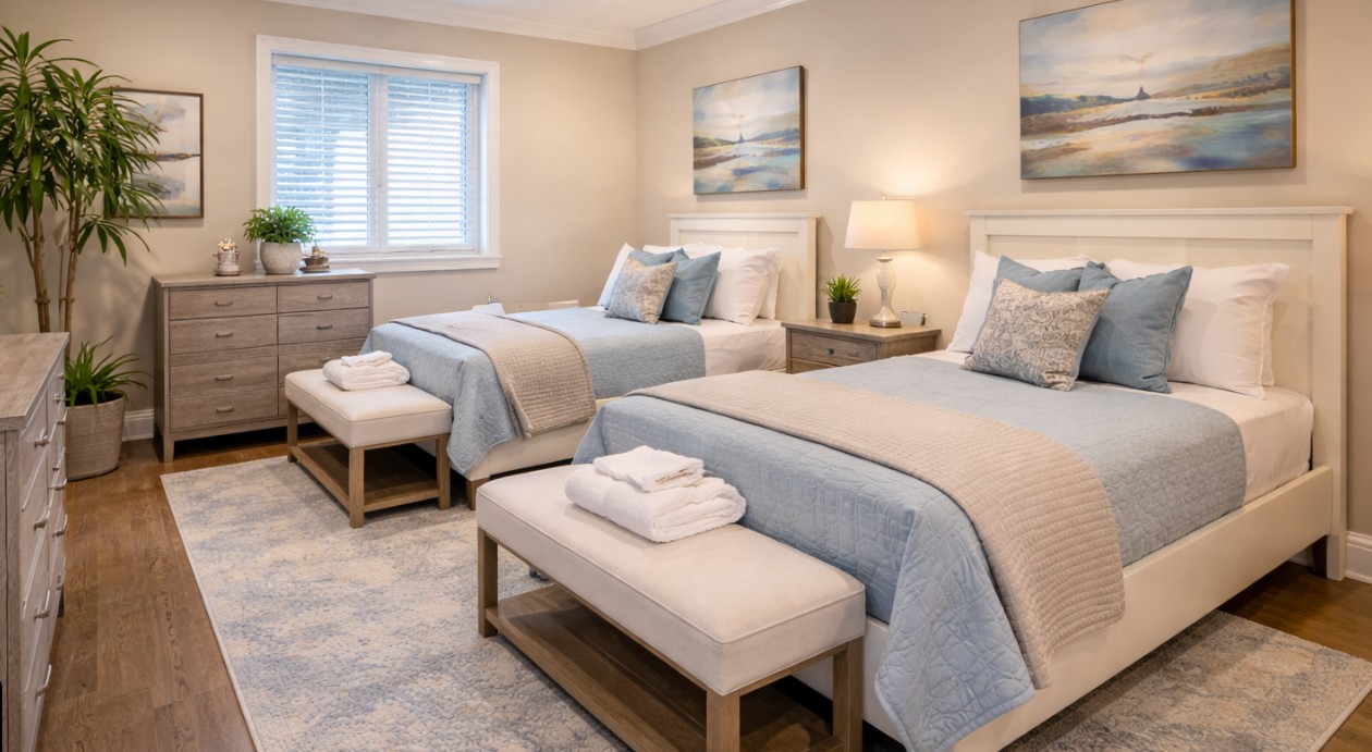 Shared bedroom with two beds and calming decor