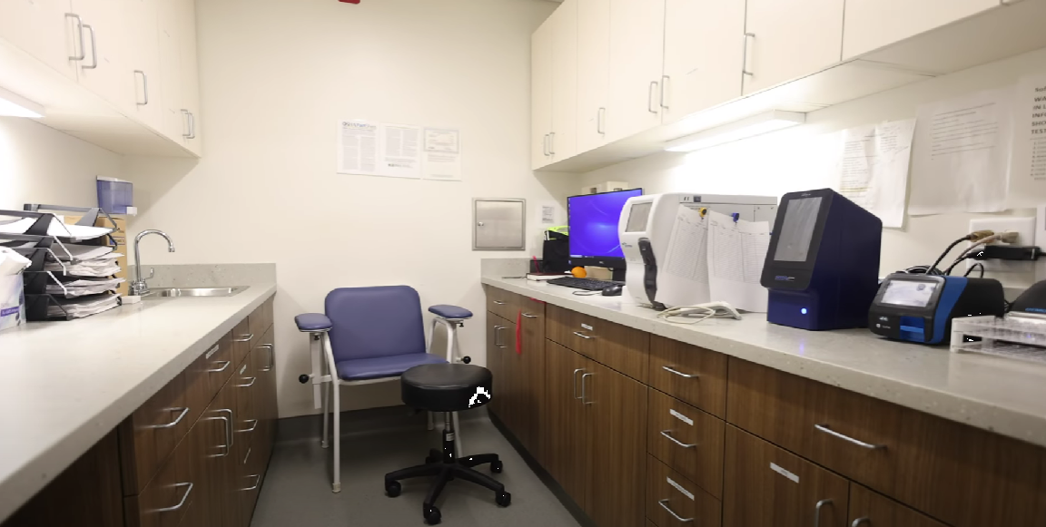 Medical lab with countertop equipment and seating