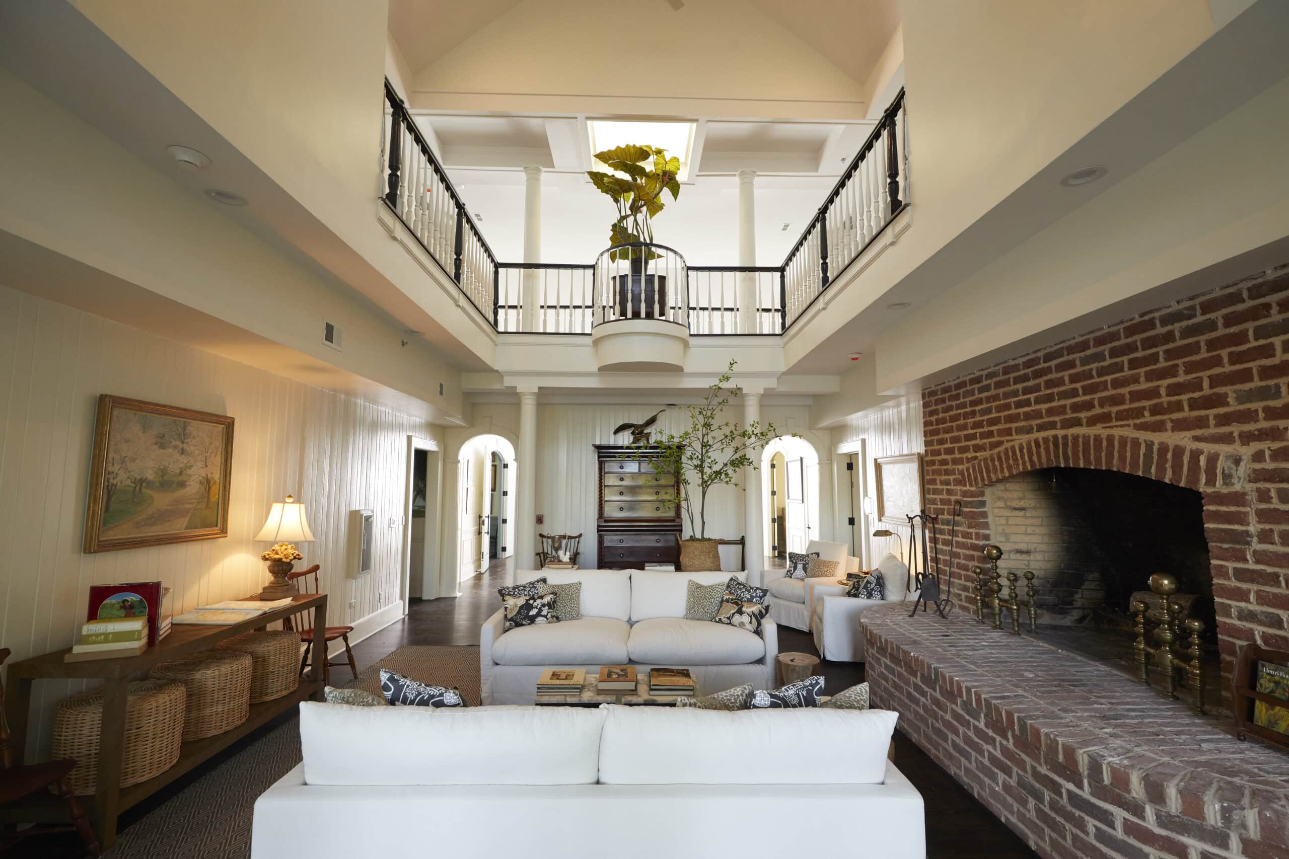 Spacious living room with fireplace and seating