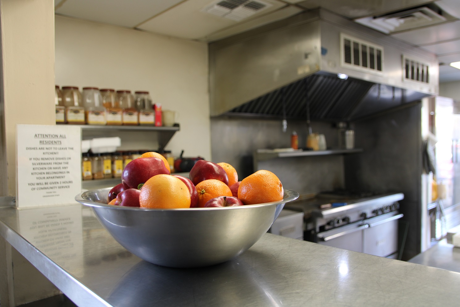 Stainless steel kitchen counter with bowl of fresh fruit