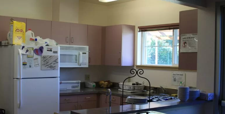 Rehab facility kitchen with counter, fridge, and microwave