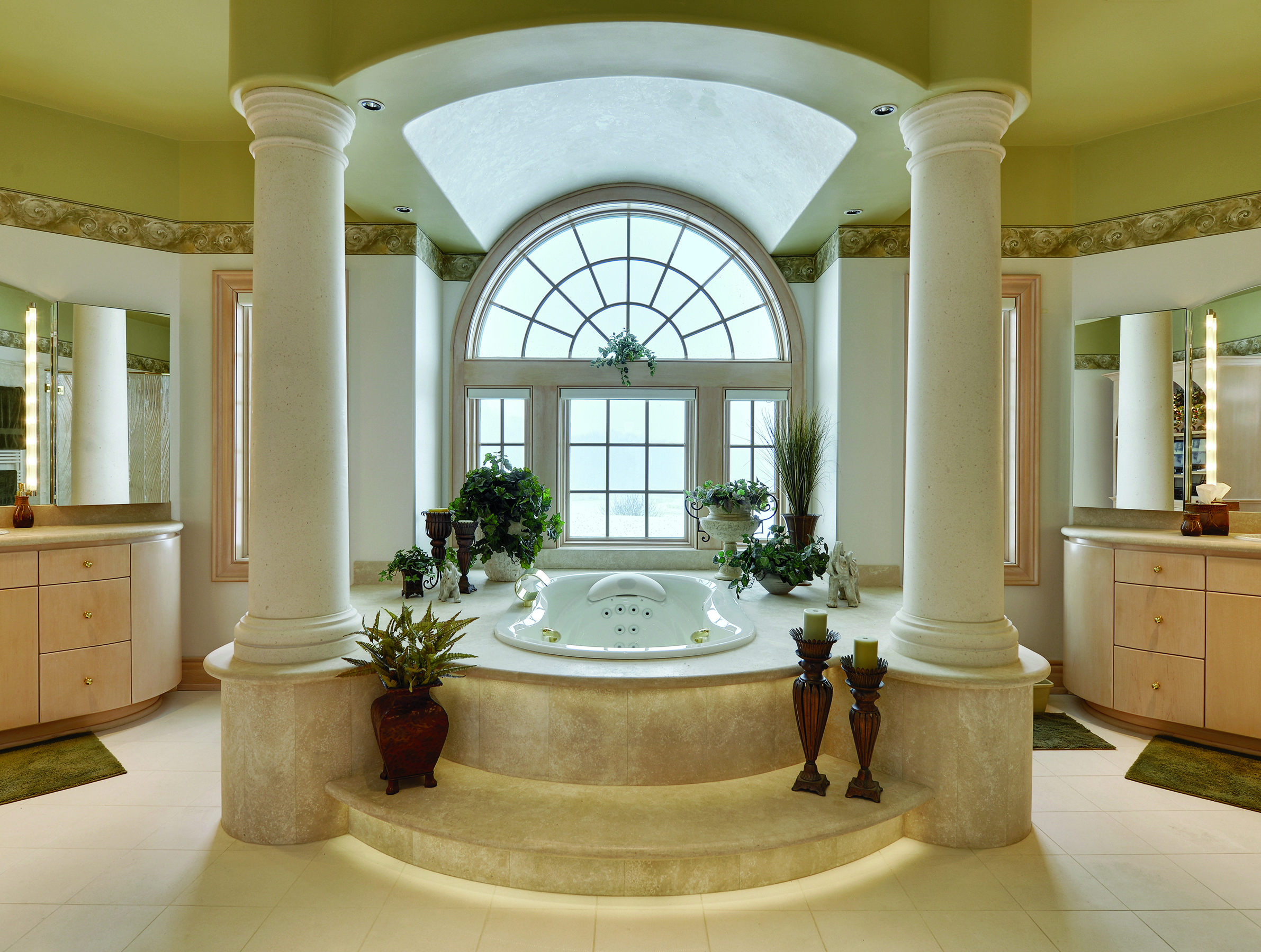 Luxurious bathroom with spacious spa tub.