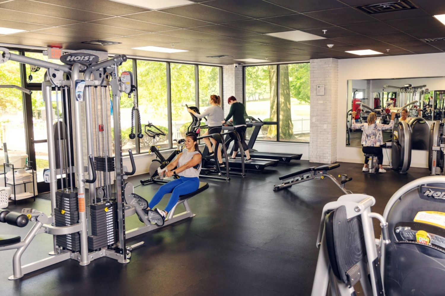 Gym with exercise equipment.