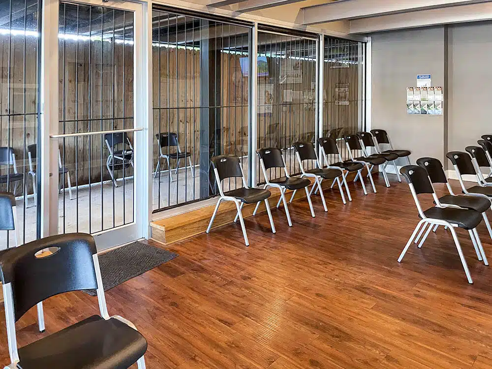 Waiting area with chairs and partitioned group seating space