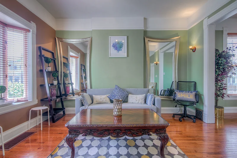 Bright lounge with sofa and decorative furnishings
