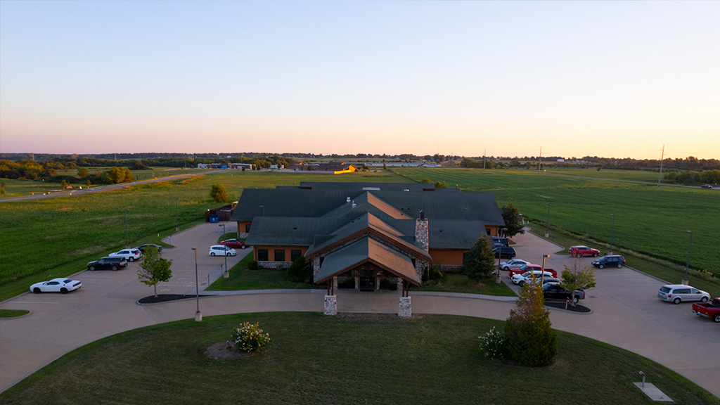 Aerial view of the rehab facility surrounded by open land.