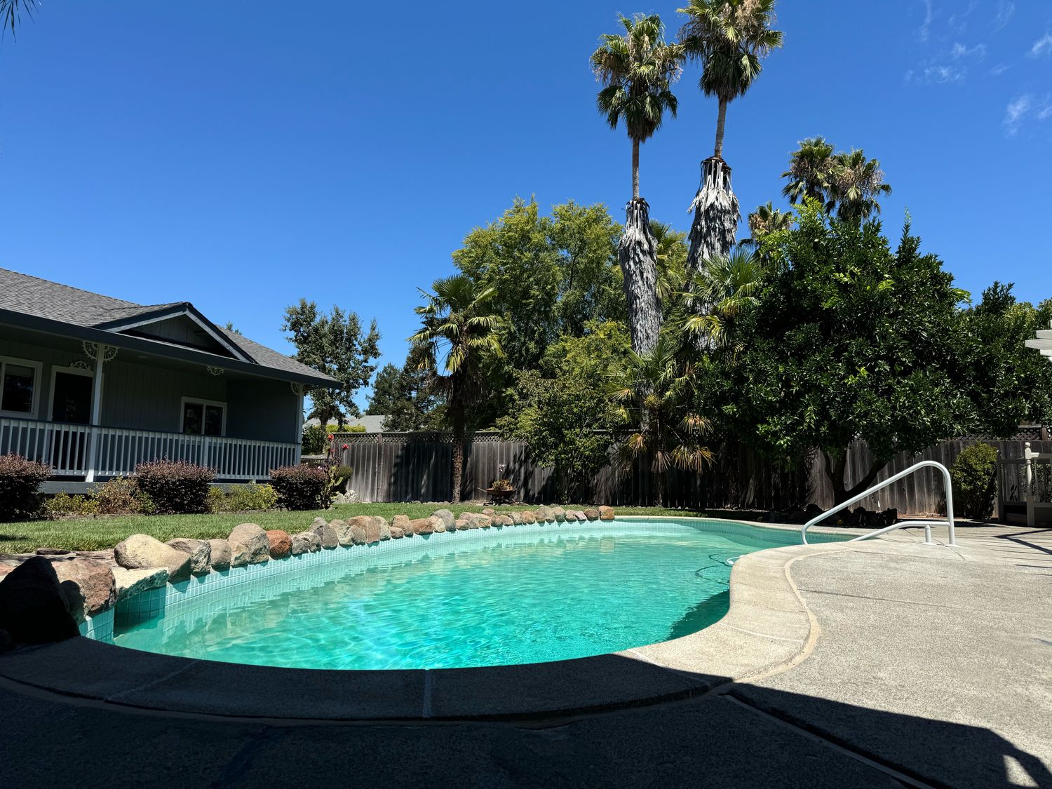 Backyard pool surrounded by trees and stone border