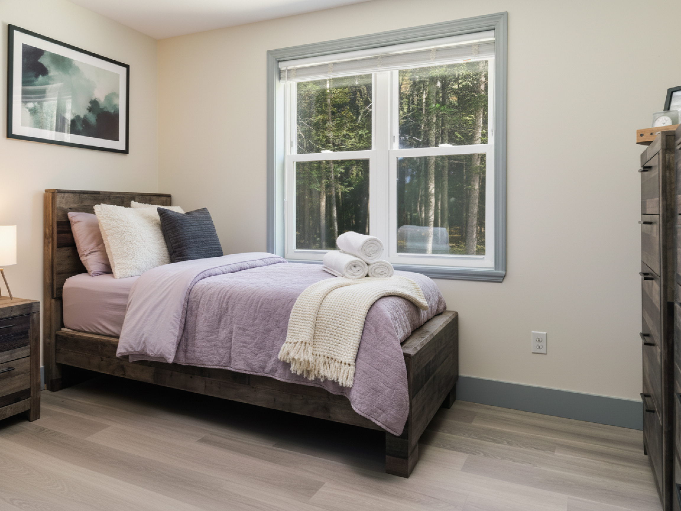 Private teen bedroom with window and wooded view.