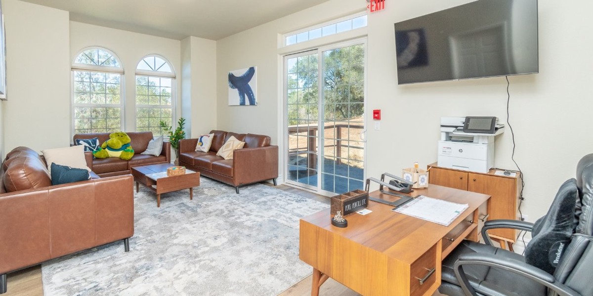 Cozy office space with leather sofas and a desk near large windows.