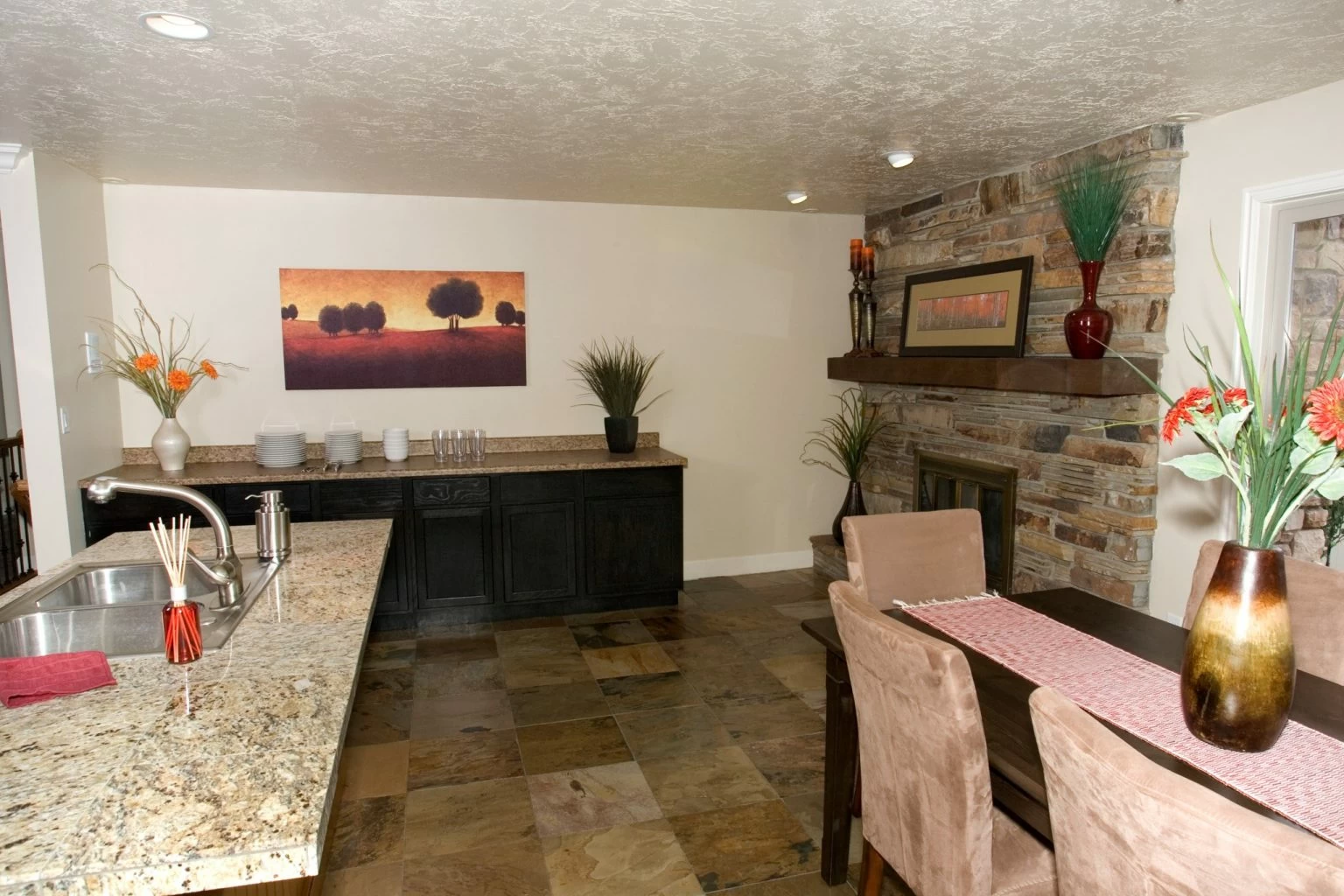 Dining area with fireplace and built-in serving counter