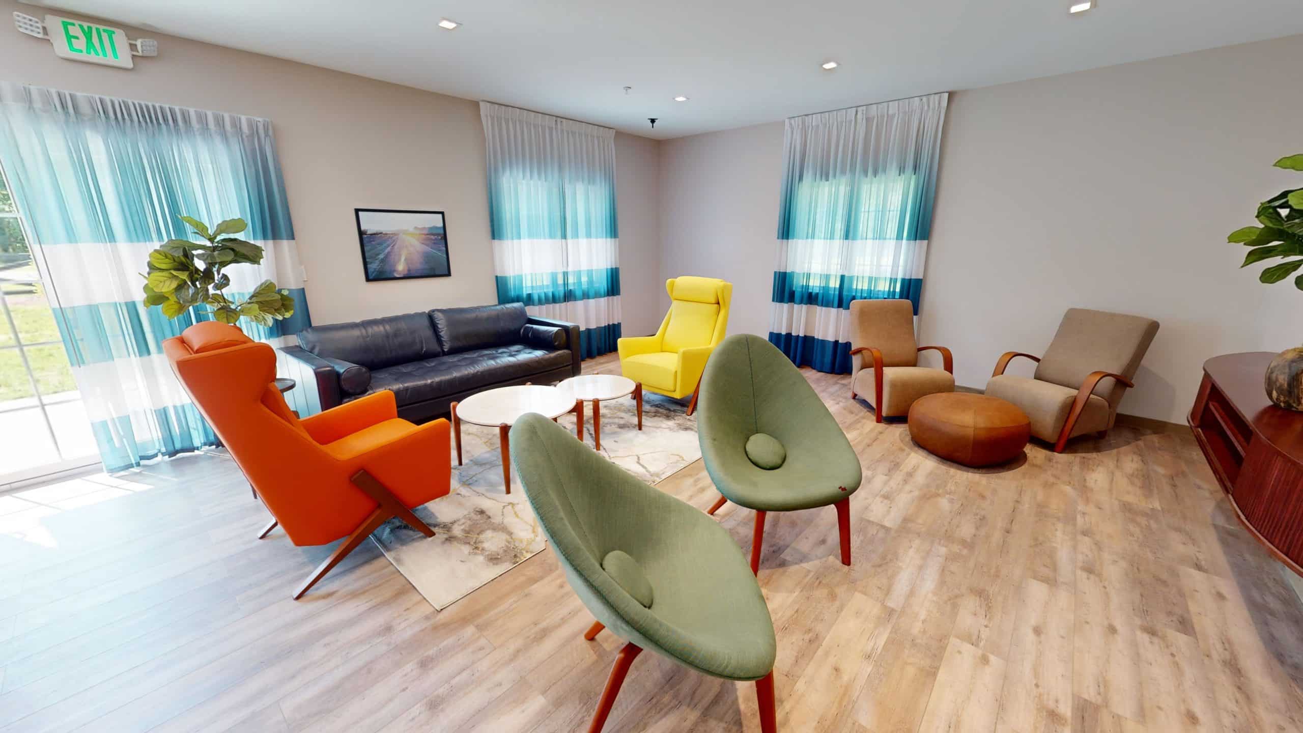 Lounge with colorful seating for therapy and relaxation