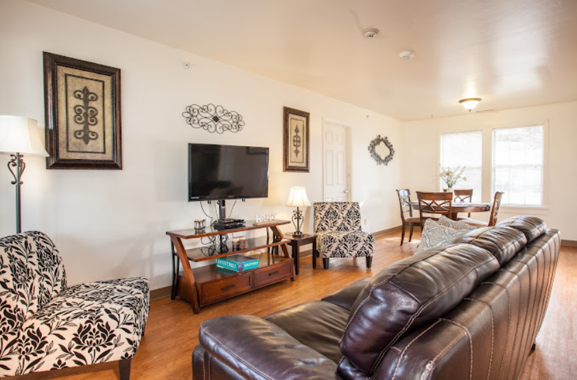 Cozy living room with patterned chairs and TV setup