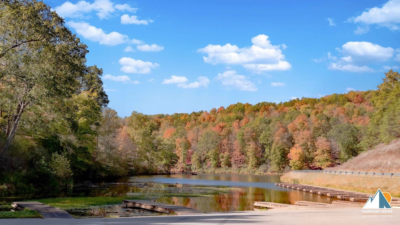 A scenic lake surrounded by autumn trees and a wooden dock