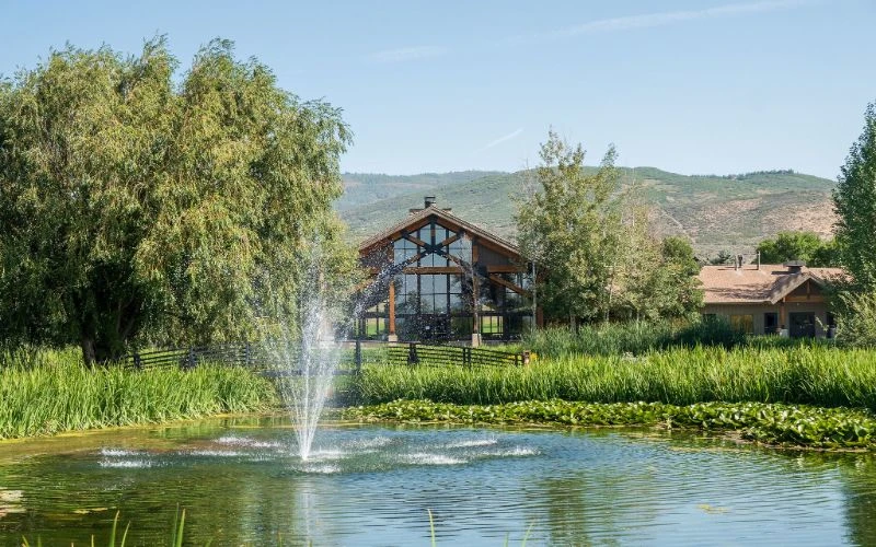 Pond with fountain and mountain backdrop